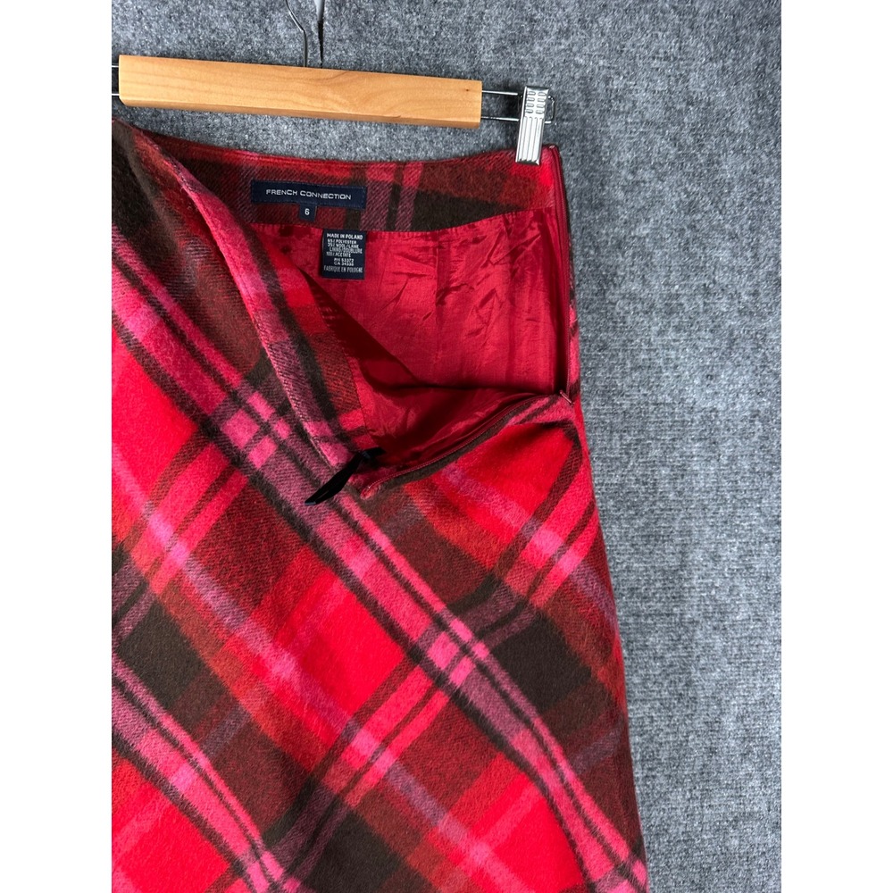 French Connection Handkerchief Hem Skirt Womens 6 Red‎ Plaid Wool Blend Academic - Picture 4 of 7